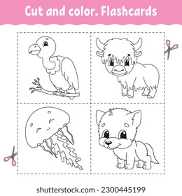 Cortar y colorear. Juego de tarjetas de presentación. Libro de colorear para niños. Personaje de dibujos animados. Silueta de contorno negro. Aislado sobre fondo blanco. Ilustración vectorial.