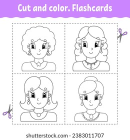 Cut and color. Flashcard Set. Coloring book for kids. Cute cartoon character. Black contour silhouette. Isolated on white background. Vector illustration.