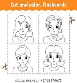 Schnitt und Farbe. Karteikartenset. Malbuch für Kinder. Nette Zeichentrickfigur. Schwarze Kontursilhouette. Isoliert auf weißem Hintergrund. Vektorgrafik.