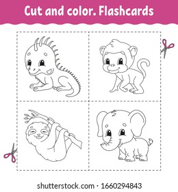 Cut and color. Flashcard Set. monkey, sloth, iguana, elephant. Coloring book for kids. Cartoon character. Cute animal.