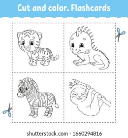 Corte y color. Juego de tarjetas de presentación. tigre, iguana, pereza, cebra. Libro de colorear para niños. Caricatura. Un animal lindo.