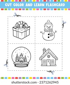 
Cut Color And Learn Flashcard Activity coloring book for kids cartoon 
character black contour silhouette Christmas theme