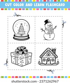 
Cut Color And Learn Flashcard Activity coloring book for kids cartoon 
character black contour silhouette Christmas theme