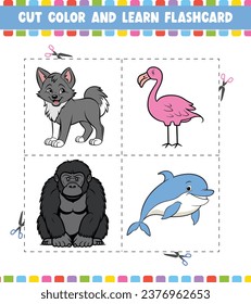 Cut Color And Learn Flashcard Activity coloring book for kids with Cute cartoon Animal character 