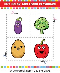 Cut Color And Learn Flashcard Activity coloring book for kids with Cute vegetables