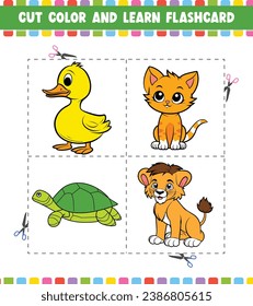 Cut Color And Learn Flashcard Activity coloring book for kids with Cute cartoon character 