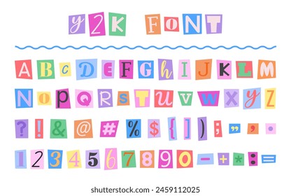 Cut colorful letters, numbers from magazines in Y2K style. Anonymous newspaper font for collage in 90s style. Criminal clipping alphabet for poster, banner, greeting card, social media, web design