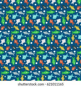 Cut colorful seamless pattern with fishes underwater. Nice bright sea life kids texture for textile, wrapping paper, wallpaper, swimming cloth