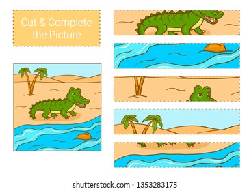 Cut & complete the picture.  Crocodile. Educational children game. 