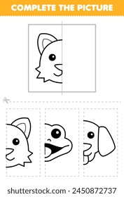 Cut and complete the picture of cute cat head half outline for coloring printable pet worksheet