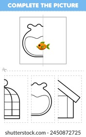 Cut and complete the picture of cute fish bowl half outline for coloring printable pet worksheet