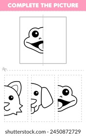 Cut and complete the picture of cute gecko head half outline for coloring printable pet worksheet