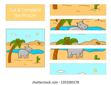 Cut & complete the picture. Hippopotamus. Educational children game. 