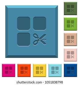 Cut component engraved icons on edged square buttons in various trendy colors