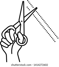 Cut concept icon: hand holds scissors and cuts seam. Outline style