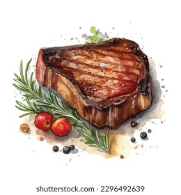 A cut of cooked well done wagyu beef in watercolor
