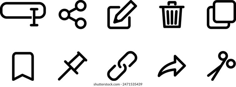 Cut, copy, paste, rename, share, save and delete, simple icon set symbol collection in line style, vector illustration