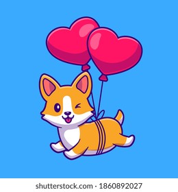 Cut Corgi Dog Floating With Heart Balloons. Cartoon Vector Icon Illustration. Animal Love Icon Concept Isolated Premium Vector. Flat Cartoon Style
