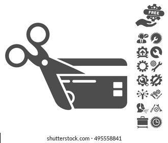 Cut Credit Card icon with bonus tools clip art. Vector illustration style is flat iconic symbols, gray color, white background.