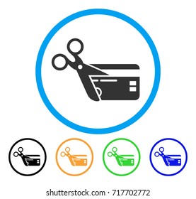 Cut Credit Card icon. Vector illustration style is a flat iconic cut credit card gray rounded symbol inside light blue circle with black, green, blue, yellow color variants.
