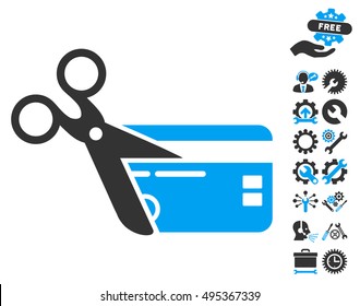 Cut Credit Card pictograph with bonus tools pictures. Vector illustration style is flat iconic bicolor symbols, blue and gray colors, white background.