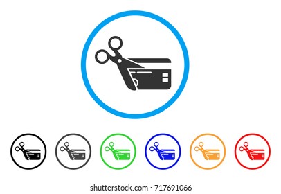 Cut Credit Card rounded icon. Style is a flat cut credit card grey symbol inside light blue circle with black, gray, green, blue, red, orange variants. Vector designed for web and software interfaces.