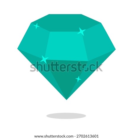 Cut cyan gemstone. Sparkling teal crystal. Precious mineral design. Geometric gem shape.