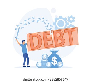 Cut debt - Businessman cutting the word debt with a sword, Money flying around. Reduce, slice and get rid of debt. flat vector modern illustration