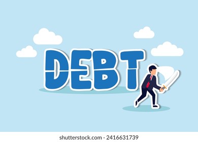 Cut debt, negotiate with bank or debtor to reduce amount of loan and mortgage payment, solution for money management concept, smart confidence businessman cutting or slice the word DEBT in half.