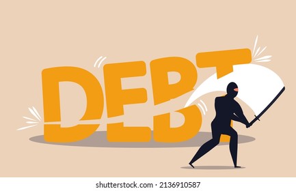 Cut Debt With Sword And Freedom Finance. Investment Risk And Account Budget Loss Vector Illustration Concept. Trouble Solve And Finances Loan Less. Free Profit And Bankruptcy Remove With Businessman