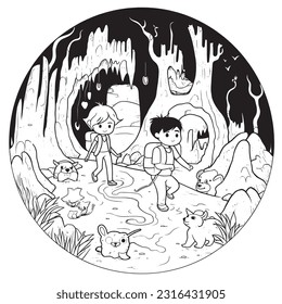  cut Dogs on a treasure hunt in a mystical cave, Black and white coloring pages for kids, simple lines, vector style
