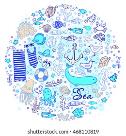 Cut doodle marin composition. Hand graphics. lllustration for greeting cards, invitations, and other printing projects.