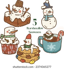Cut Doodle Marshmallow Snowman Set for Chrismas Holiday. Vector on transparent background.