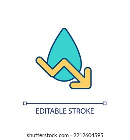 Cut down consumption of water RGB color icon. Efficient water usage. Reduce usage at home. Isolated vector illustration. Simple filled line drawing. Editable stroke. Arial font used