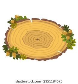 Cut down an oak tree with annual rings. Acorns and oak leaves. Illustrated vector clipart.