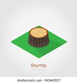 Cut down old tree stump on green square. Vector illustration in isometric style. Stylish flat colors. Forest felling process illustration.