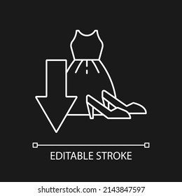 Cut down purchasing of clothes white linear icon for dark theme. Avoid overconsumption. Thin line illustration. Isolated symbol for night mode. Editable stroke. Arial font used for dark theme