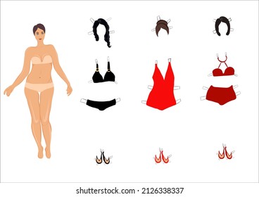 cut and dress vector hand drawing illustration isolated on white background. paper doll cutting, clothing vector illustration for A4. print and play. swimsuit. play-suit 