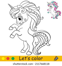 Cut eand funny little unicorn. Coloring book page with color template. Vector cartoon illustration. For kids coloring, card, print, design, decor and puzzle.