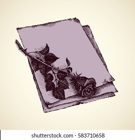 Cut elegant dry pink Rosa on aged scroll sheet isolated on white backdrop. Freehand outline ink hand drawn picture sketch in art retro pen scrawl style with space for notice date inscription