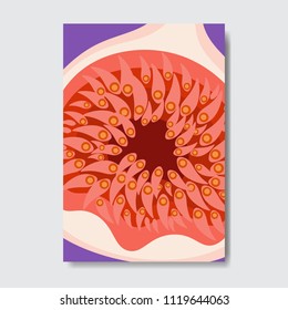tarjeta de plantilla de higo cortado, rebanar póster de fruta fresca sobre fondo blanco, portada de revista, póster de folleto de disposición vertical, diseño plano, estilo de vida saludable o concepto de dieta ilustración vectorial