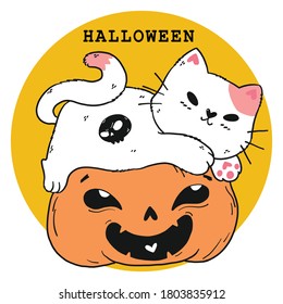 cut file cute white fat cat play on craved smile orange pumpkin Halloween , idea for sticker, circus, sublimation, printable, greeting card