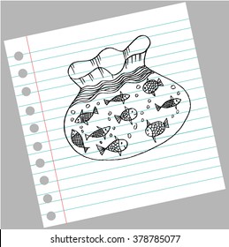 Cut fish in fish bowl. Doodle style.