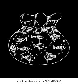 Cut fish in fish bowl. Doodle style.