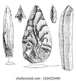 Cut flint instruments, vintage engraved illustration. From Zoology Elements from Paul Gervais.
