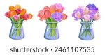 Cut flower bouquet in glass vase. Cartoon vector illustration set of cute plant in pot. Floral composition with tulip and rose in bottle. Botanical bunch of bloom in pitcher for home decor or gift.