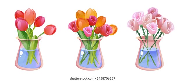 Blumenstrauß in Glasvase schneiden. Cartoon Vektorillustration Set von niedlichen Pflanze im Topf. Blumenkomposition mit Tulpe und Rose in Flasche. Botanischer Blumenstrauß im Krug für Wohnkultur oder Geschenk.