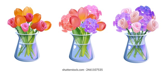 Cut flower bouquet in glass vase. Cartoon vector illustration set of cute plant in pot. Floral composition with tulip and rose in bottle. Botanical bunch of bloom in pitcher for home decor or gift.