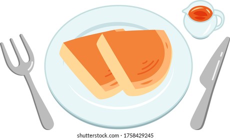 Ein geschliffener und flauschiger süßer Pfannkuchen mit zwei Schichten auf einer weißen Platte.