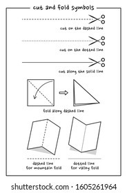 Cut and fold symbols vector illustration. Cut on the dashed or dotted line. Paper folding symbols. Mountain fold and valley fold vector. 